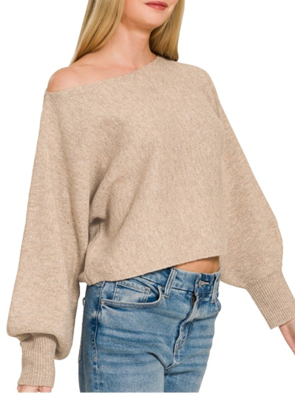 NWT🤎Zenana Sweater Boatneck Balloon Sleeve Heathered Mocha Small